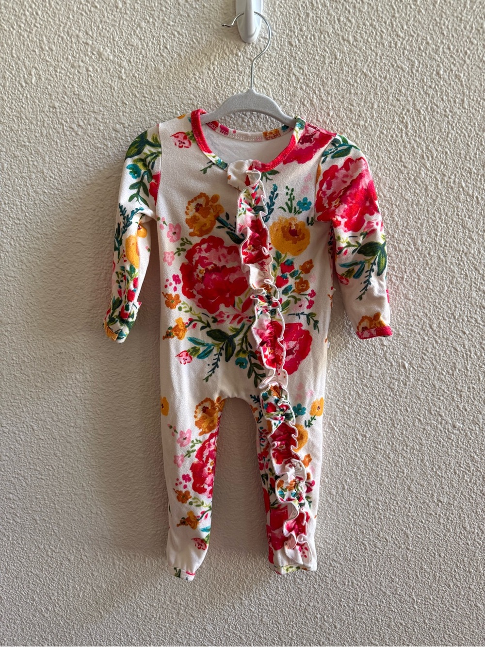 SweetHoney Floral Ruffle Footie - White with Pink & Yellow Flowers